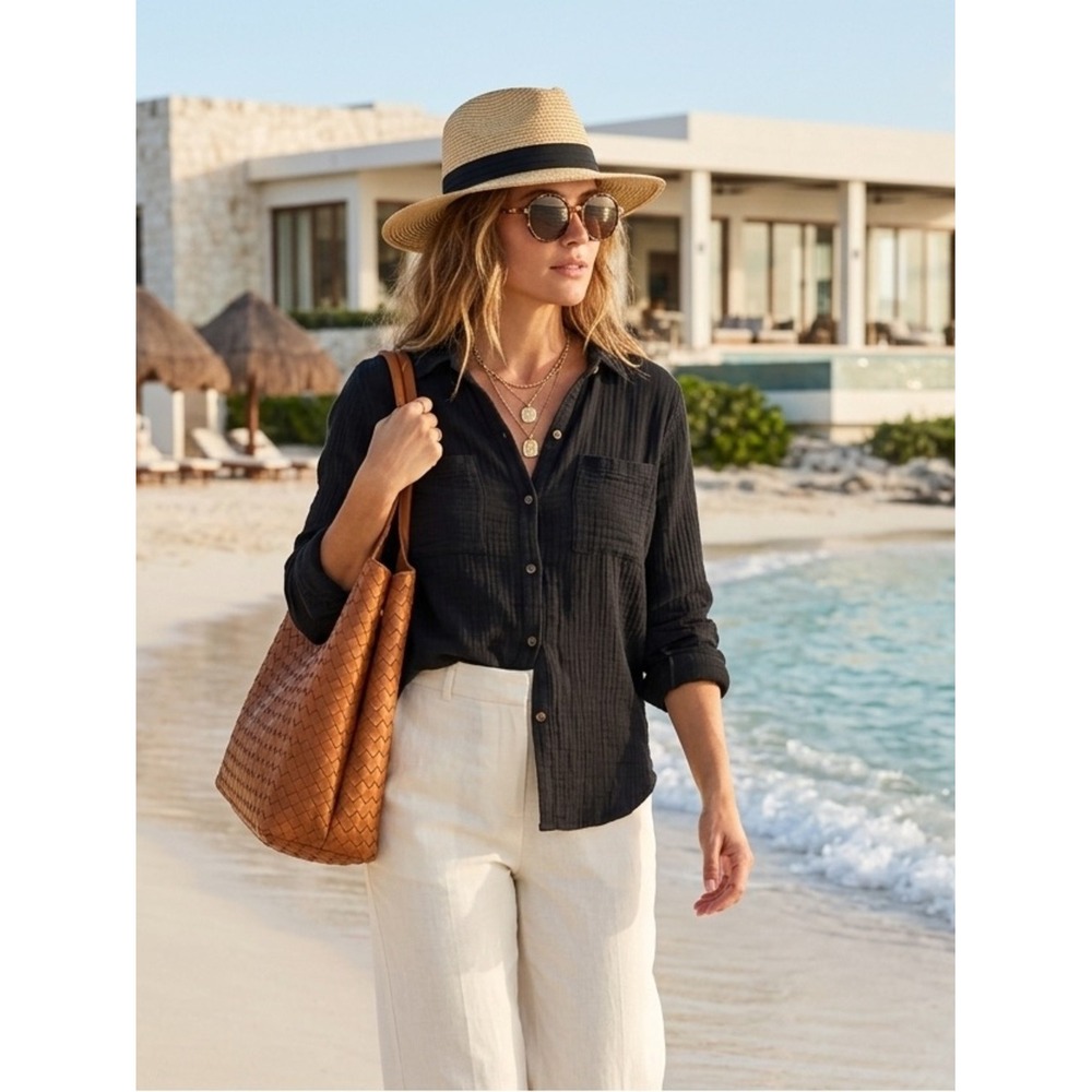 Marine Layer Black Cotton Gauze Button Down Shirt S Euro Summer Coastal Luxury